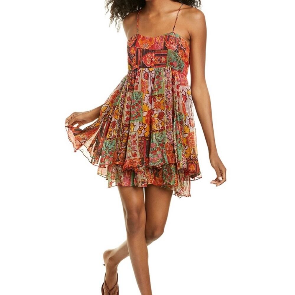 RAGA Araminta Bohemian Mini Dress Babydoll Metallic Green Rust Red Small $185